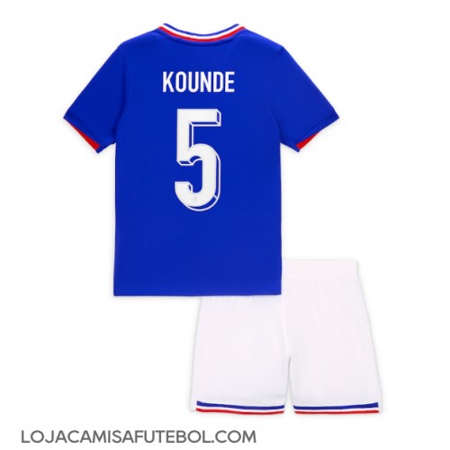 Camisa de Futebol França Jules Kounde #5 Equipamento Principal Infantil Europeu 2024 Manga Curta (+ Calças curtas)